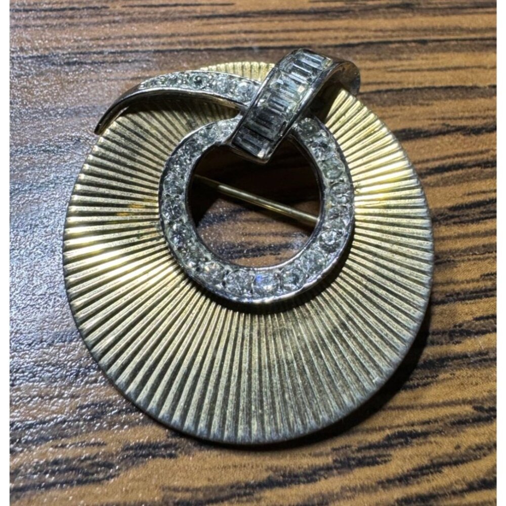 Marcel Boucher Circle Twist Gold Tone and Rhinestone Brooch